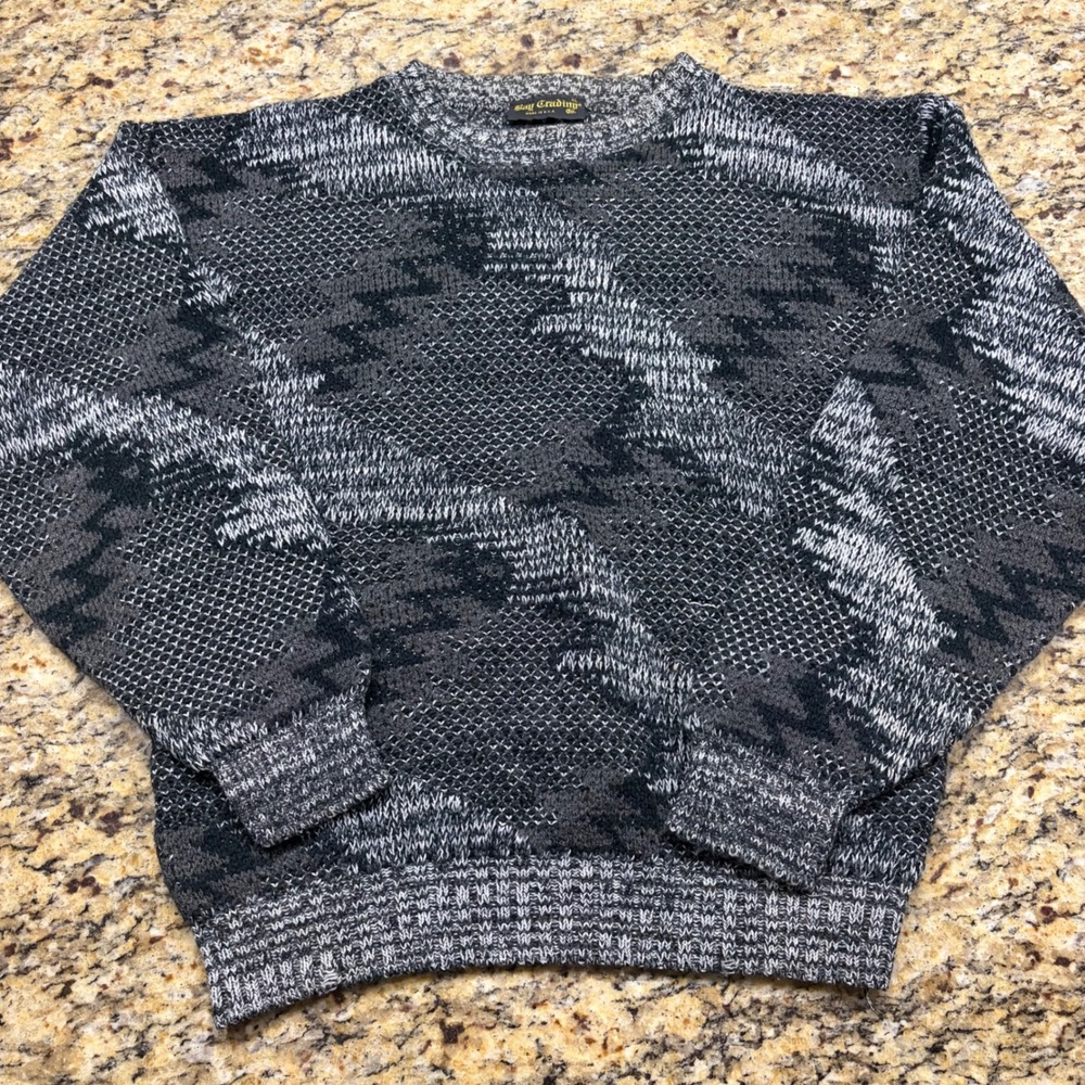 Bay Trading Co Mens XL Vintage Geometric Knit Sweater Made in USA Gray Black v